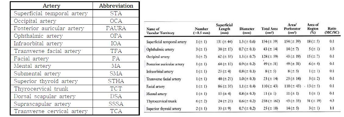 areas of H&N(Scalp, face, neck, nuchal regions) 모식도, Blood supply from the terminal cutaneous vessels of 10 source arteries, Large caliber and superficial nature of the vessel : facial and scalp skin, Smaller, more numerous musculocutaneous perforator : neck