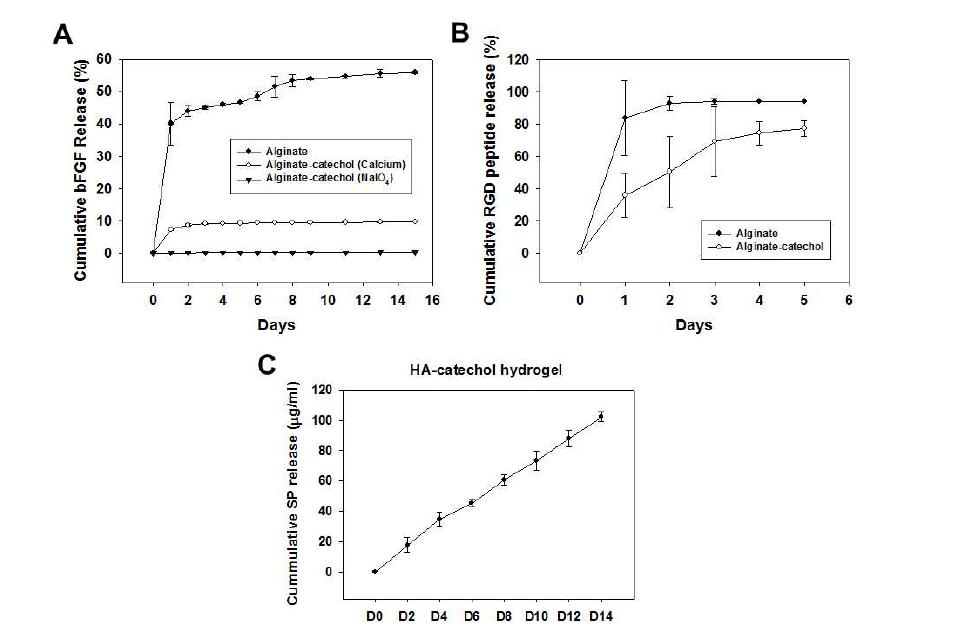 (A) 알긴산-카테콜 하이드로젤 내에 봉입된 bFGF 성장인자 방출 거동 ELISA 분석. (B) 알긴산-카테콜 하이드로젤 내에 봉입된 RGD 펩타이드 방출 거동 fluorescamine분석. (C) 히아루론산- 카테콜 하이드로젤 내에 봉입된 SP 펩타이드의 방출 거동 ELISA 분 석.