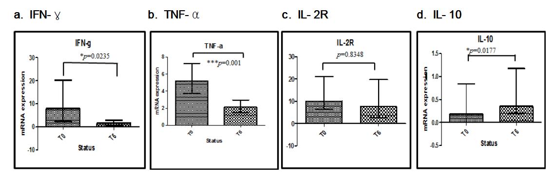 Th1- type factor인 IFN- γ, TNF- α, IL- 2R와 Th2- type 싸이토카인 IL- 10 real- time RT- PCR 결과