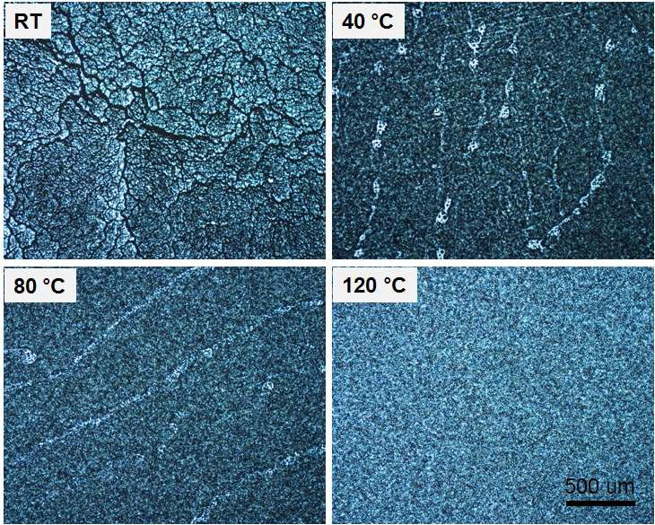 기판의 온도에 따른 스프레이 코팅 장비의 코팅성능을 살펴본 optical microscope 이미지