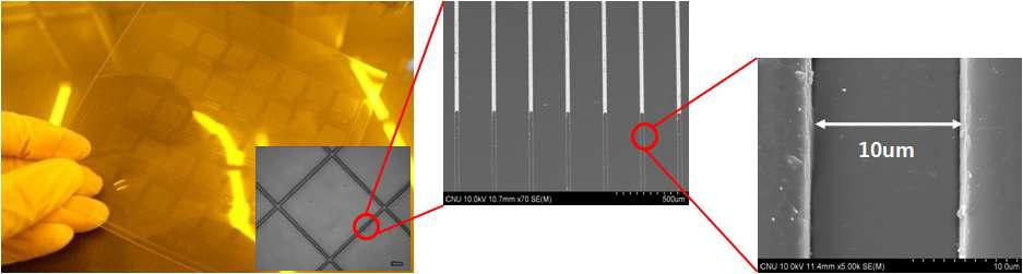 10㎛에서 30㎛의 선폭을 갖는 유연기판 클리쉐 제작결과