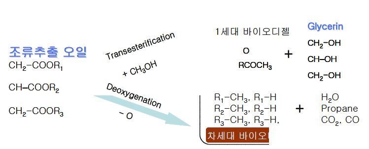 전이에스테르화 반응에 의한 FAME구조의 바이오디젤과 탈산소 반응에 의한 탄화수소의 차세대 바이오디젤 반응 및 분자구조 비교
