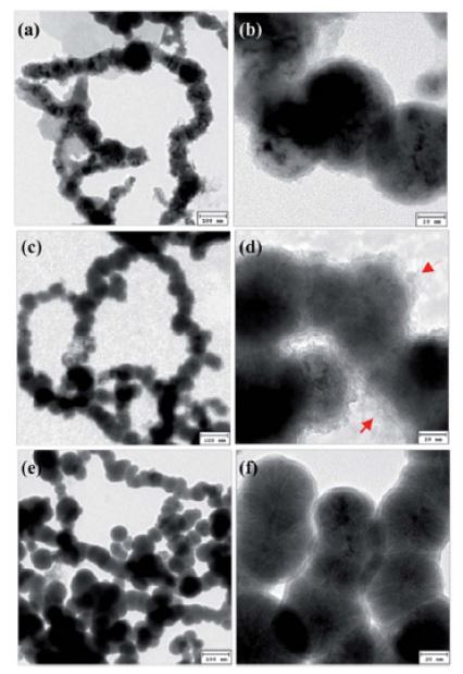 투과전자현미경(TEM) 사진(a,b) bare nZVI, (c,d) aminoclay-nZVI (0.25),