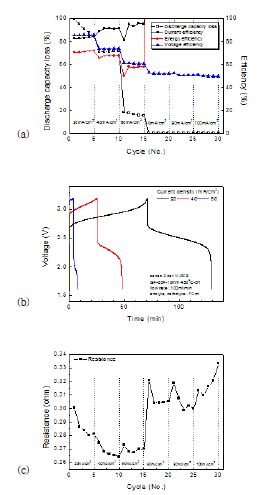 외각 분배형 유로플레이트(ver1.0)의 전류밀도 20∼100 mA/cm2 에서의 충방전 특성 평가