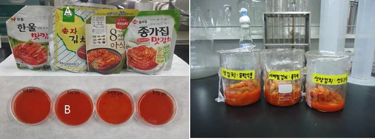 Kimchis manufactured by Korean typical food companies. A shows kimchi products. B shows the broth of kimchis of different companies