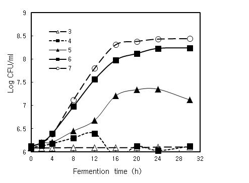 Growth kinetics during the fermentation of Lactobacillus sp. strain KYH on medium of MMY2S5GB. Fermentation was performed on shaking incubator at 25oC, 100 rpm, and pH 7.0.