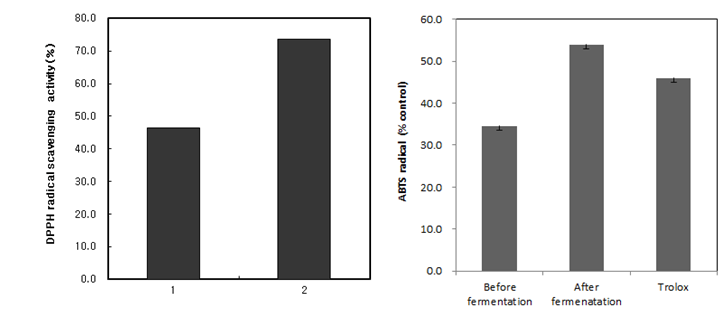 DPPH free radical scavenging activity and total antioxidant capacity (trolox eq.) before and after fermentation of ginseng berry extract.