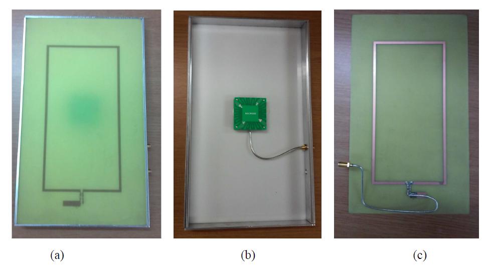 자가 도서대출/반납기용 리더 안테나(A형) 시제품 (a) 전체 형상 (b) UHF 안테나가 포함된 내부형상 (c) HF 대역 루프 안테나가 인쇄된 FR4-기판
