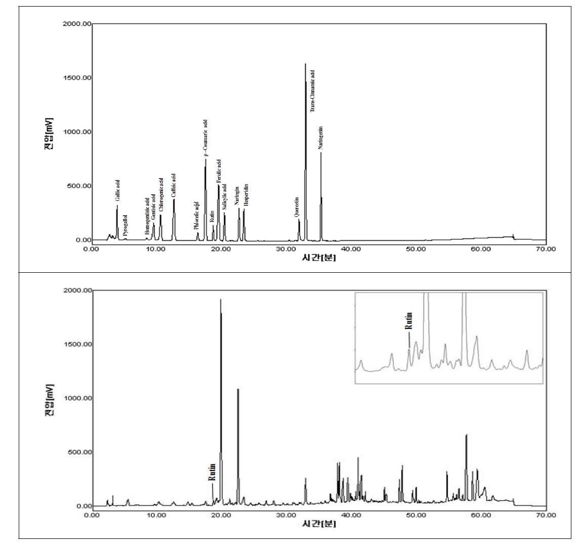 Representative chromatogram of phenolic compound standard and mulberry leaves