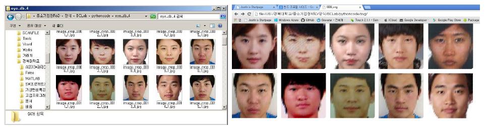얼굴데이터베이스로부터 SVG 생성 실험 결과 스크린샷