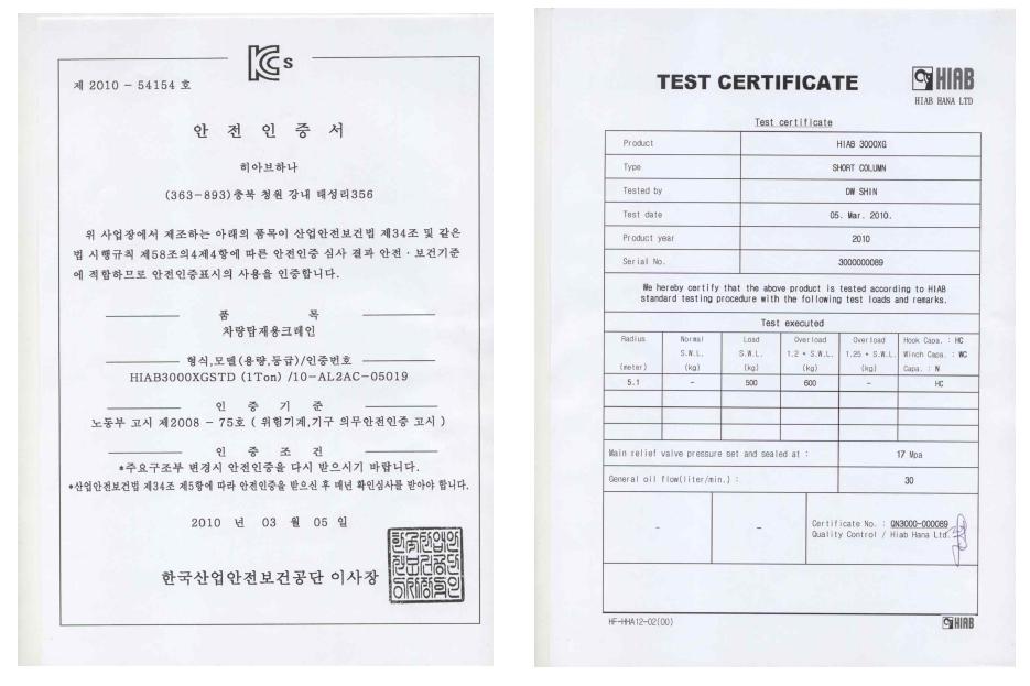 로그그래플 안전인증서와 테스트 증명서