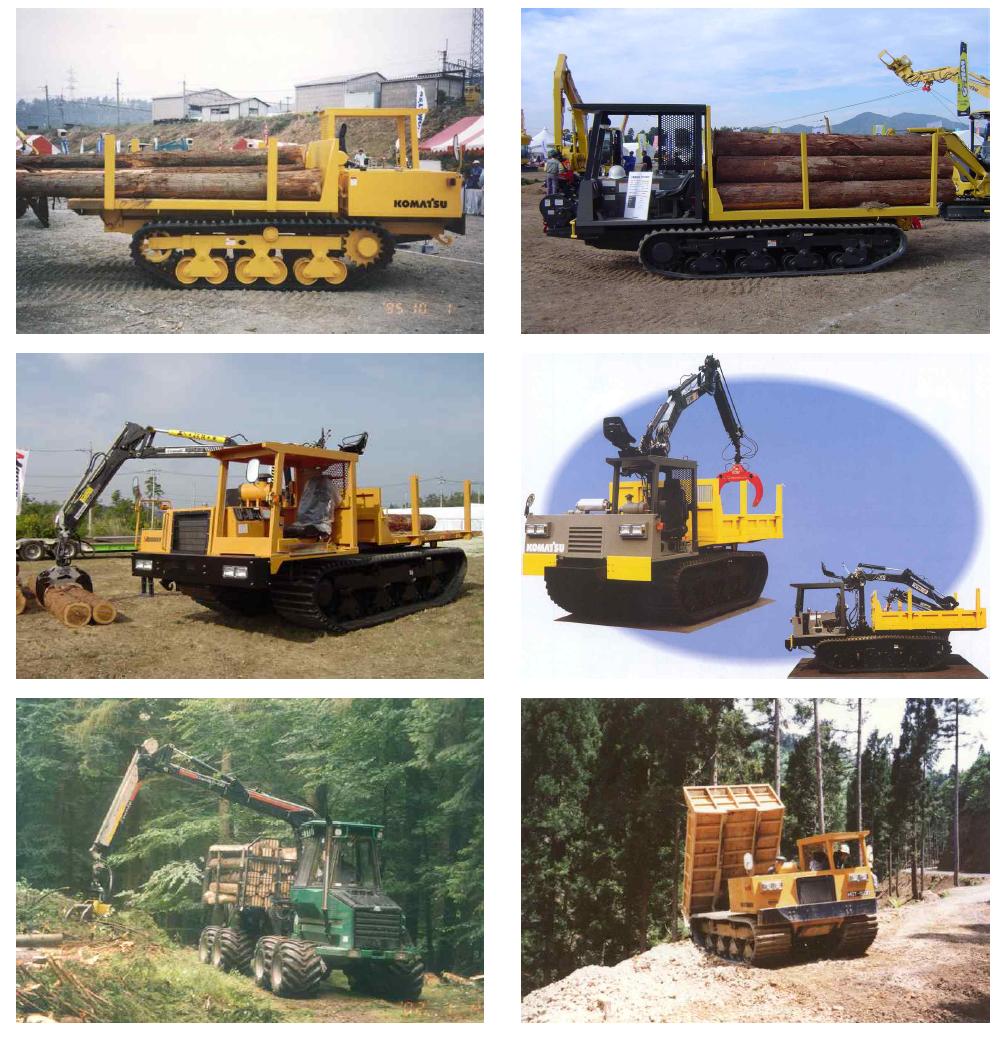 다양한 궤도식 및 타이어식 산림작업차와 토목용 산림작업차