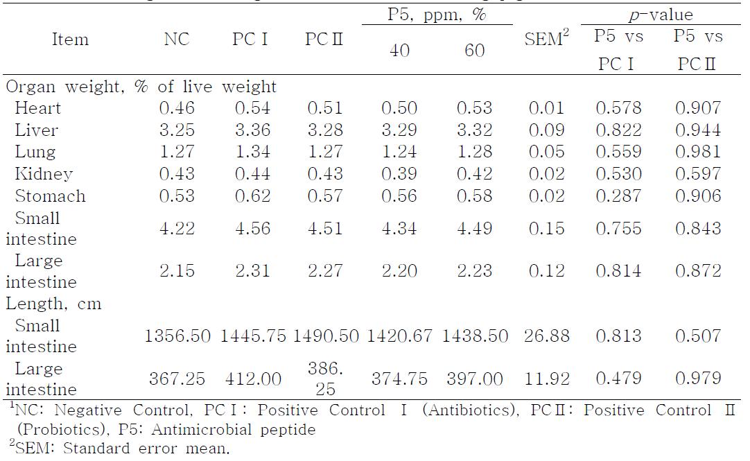 Effect of antimicrobial peptide (P5) on relative visceral organ weights and length of intestine in weanling pigs