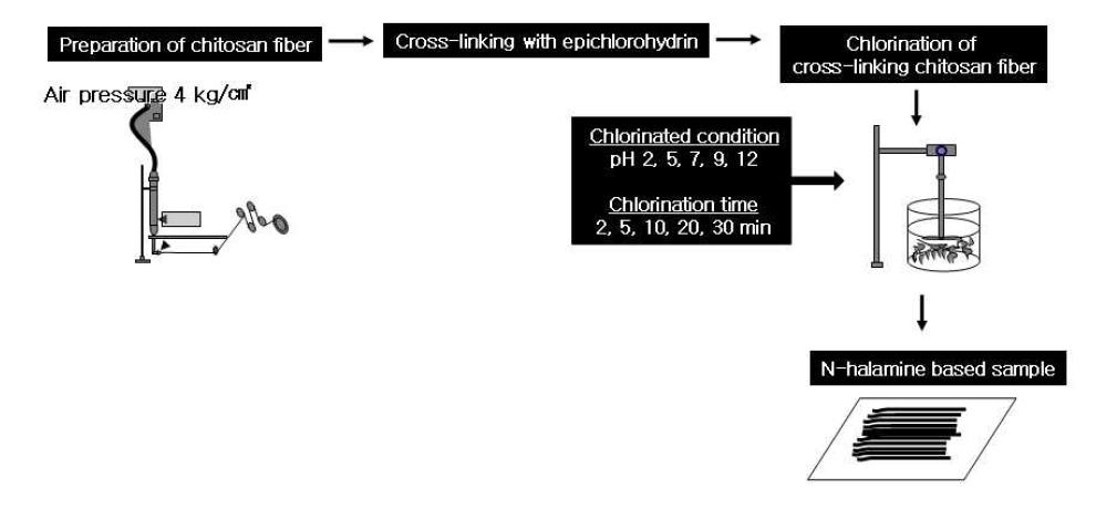 Schematic representation for preparation of cross-linked and chlorinated chitosan fiber.