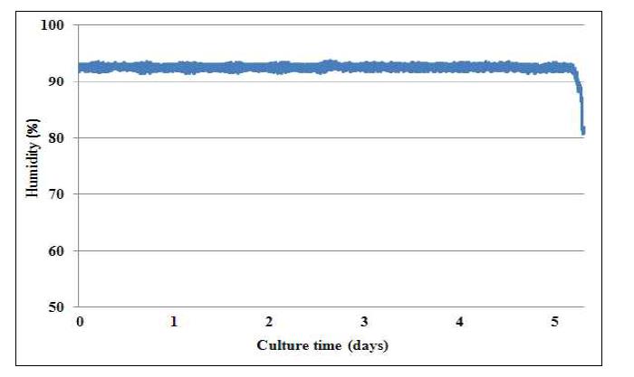 Humidity (R.H) monitoring during 5 day culture in the culture chamber system