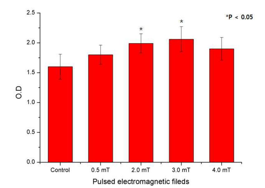 The vertical orientation effect of pulsed electromagnetic field stimulation on the cell viability of alveolar bone marrow stem cells in monolayer culture at a stimulation of 10 min/day x 3 days.