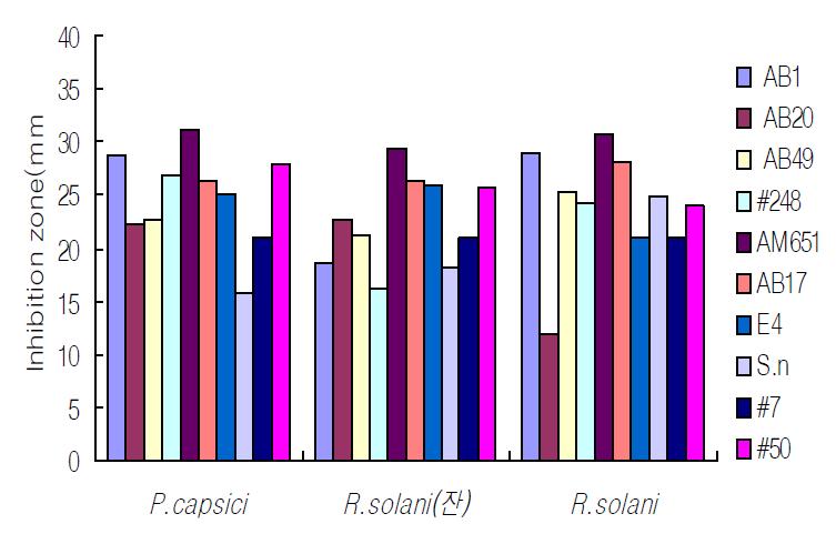 분리균주의 식물병원균에 대한 길항능.