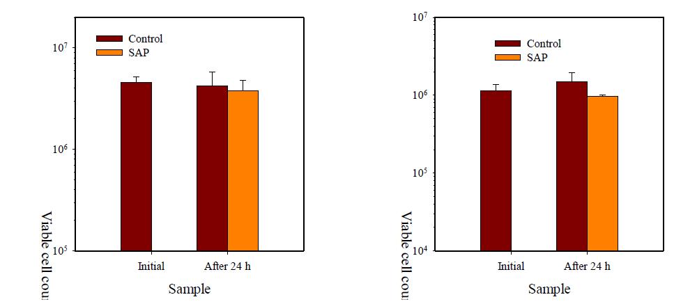 Changes in mesophilic aerobes (left) and coliforms (right) of buckwheat sprout treated with a typical block refrigerant and flexible SAP in EPS boxes after 24 h transportation and delivery at ambient temperature.