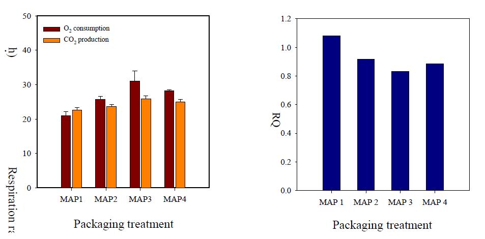 Respiration rate (left) and respiratory quotient (right) of buckwheat sprout as affected by various MA conditions at 5℃.