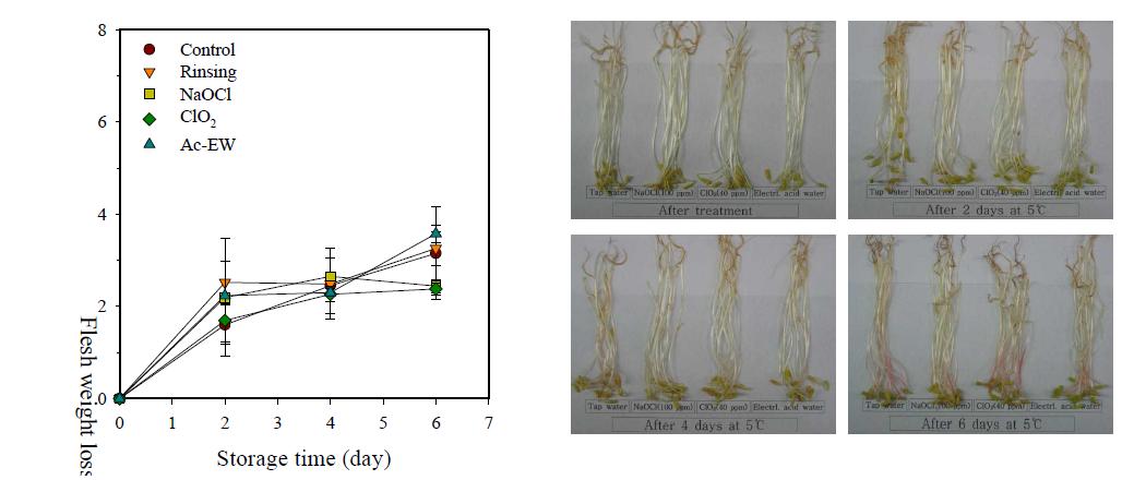 Changes in flesh weight loss (left) and appearance (right) of buckwheat sprout treated with various dipping pretreatment during storage at 5℃ for 6 days