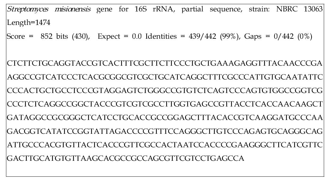 16S rRNA sequence of Streptomyces misionensis 의 16S rRNA