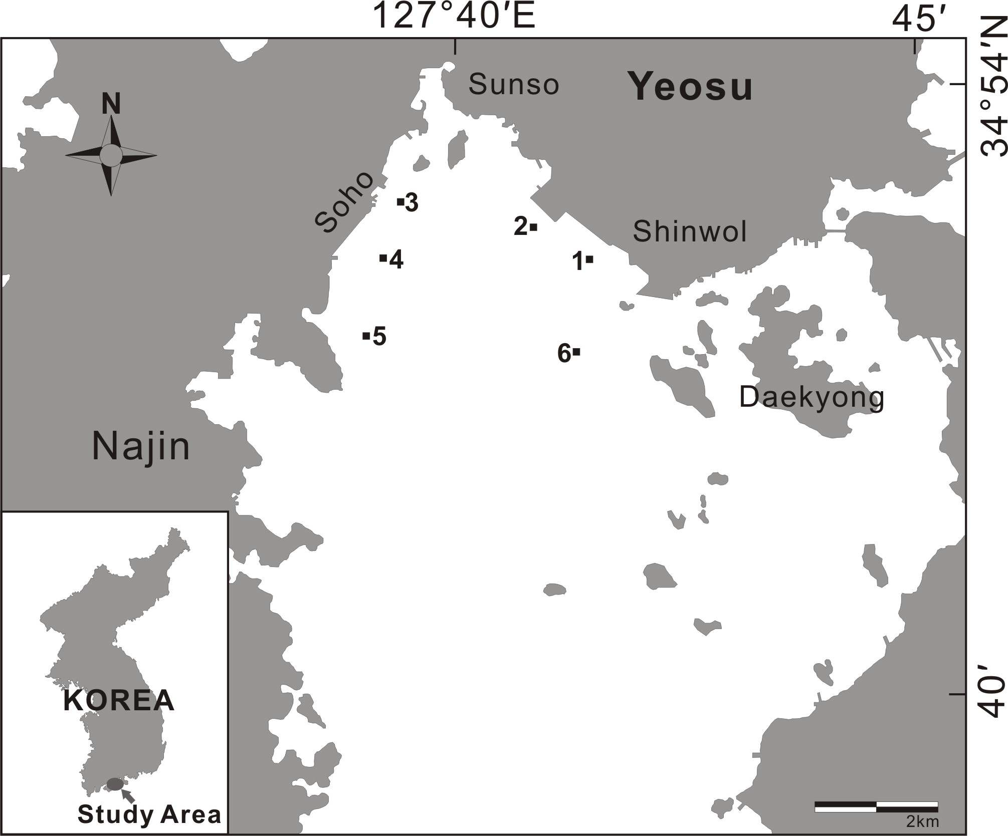 Map showing the sampling stations in Gamak Bay(water quality).