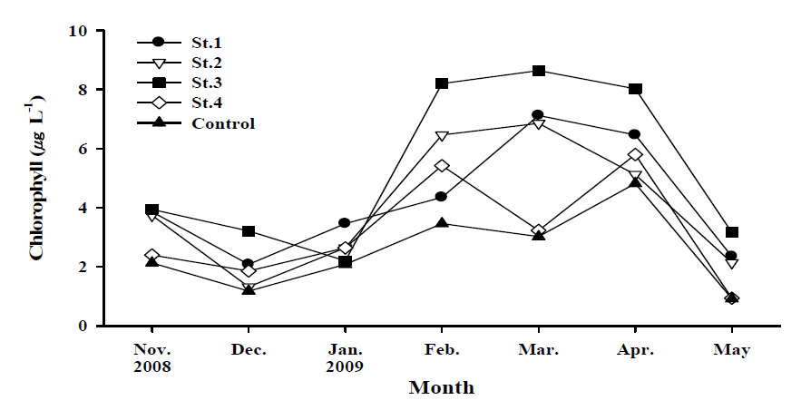 Monthly variations of chlorophyll a(㎍ L-1) at study area from November 2008 to May 2009.