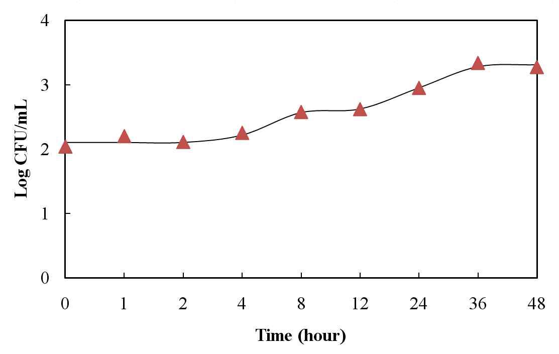 15℃ E. coli 증식 실측값과 예측값 곡선 (▲, 실측값; ―, New logistic model)