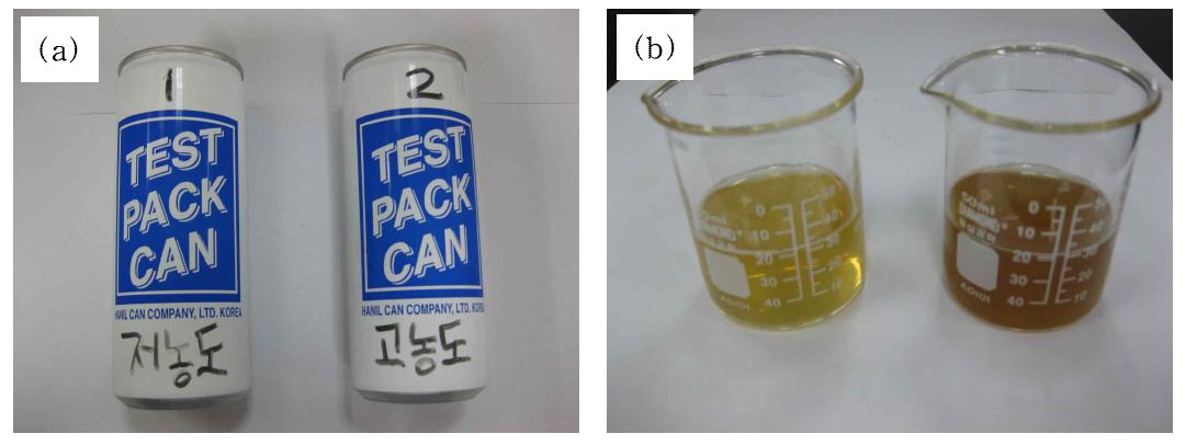 본 연구를 통해 제조된 쑥음료의 캔포장(a)과 음료액상(b)