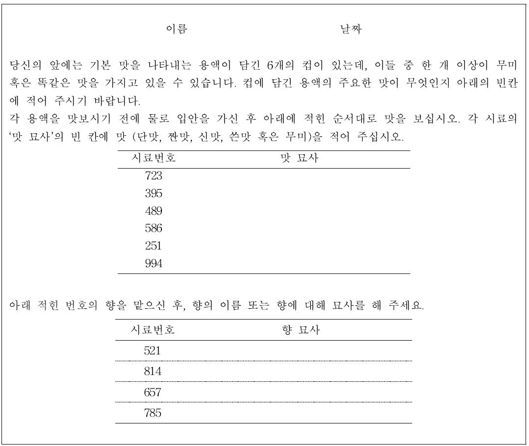 관능검사에 사용된 설문지의 예