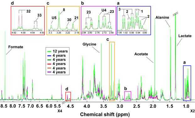 Normalized 1H NMR spectra of 4 (n=5) and 12 (n=1) year-aged soy sauces. Expanded panels a, b, c and d highlight elevated levels of amino acids and betaine, and lowlevels of oligosaccharides, which were selected as typical metabolites, in 12-year-aged soy sauce compared to those in 4-year-aged soy sauces other metabolites showed constant changes as the aging period increased. Key: 1, leucine; 2, isoleucine; 3, valine; 8, betaine; 21, choline; 23, aspartate; 30, phosphocholine; 32, oligosaccharide (O1); 33, oligosaccharide (O2); U4 and U5, unknown