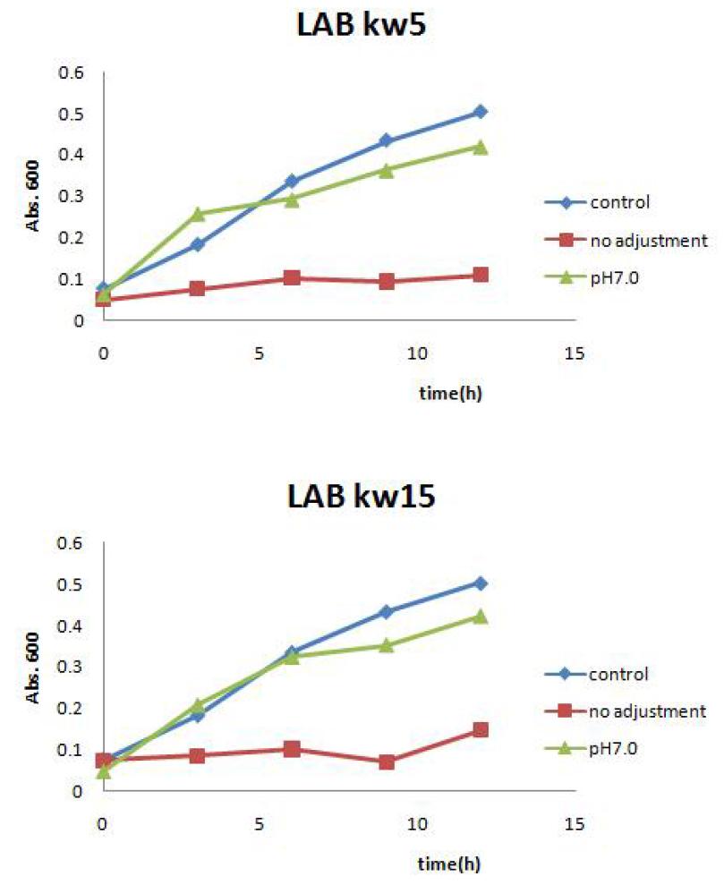 Growth inhibition of C. sakazakii by supernatant of L. mescenteroides LAB kw5 and S. thermophilus LAB kw15