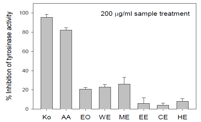 Tyrosinase inhibitory effect of essential oil and various extracts from Hemicentrotus pulcherrimus. (말똥성게알)