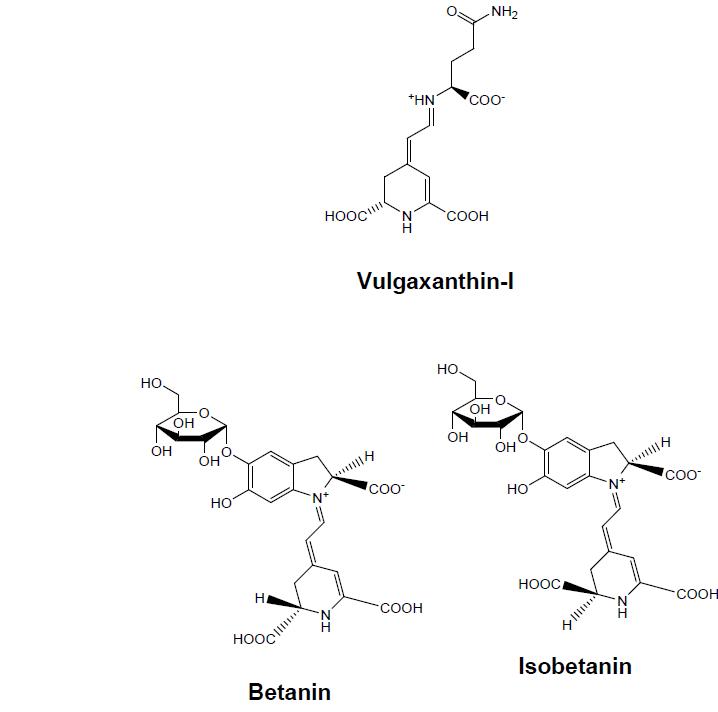 Chemical structure of vulgaxantin-I in Fraction 1 and betacyanins (betanin and isobetanin) in Fraction 2.