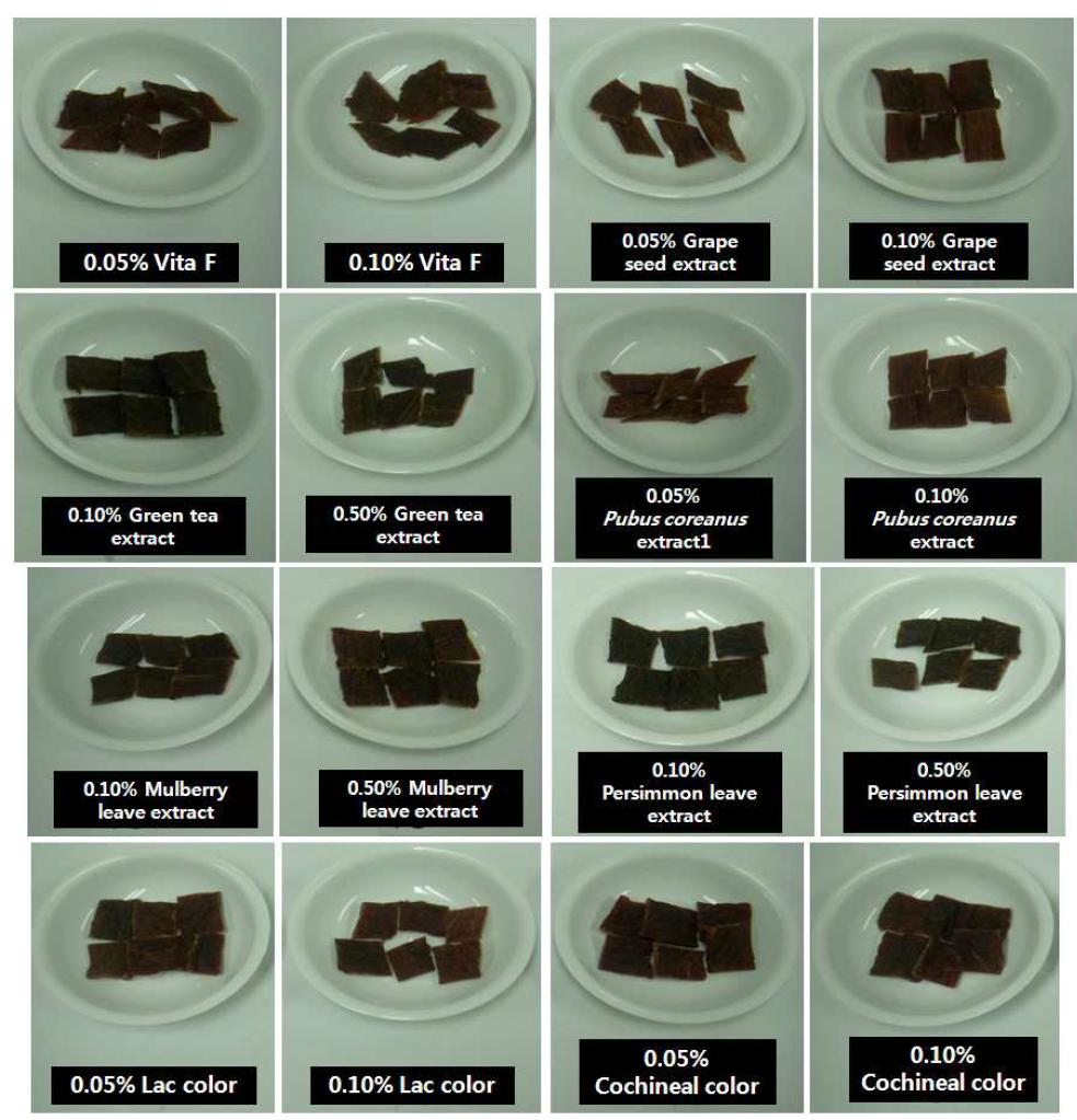 Appearance of pork jerky with various natural additive addition.