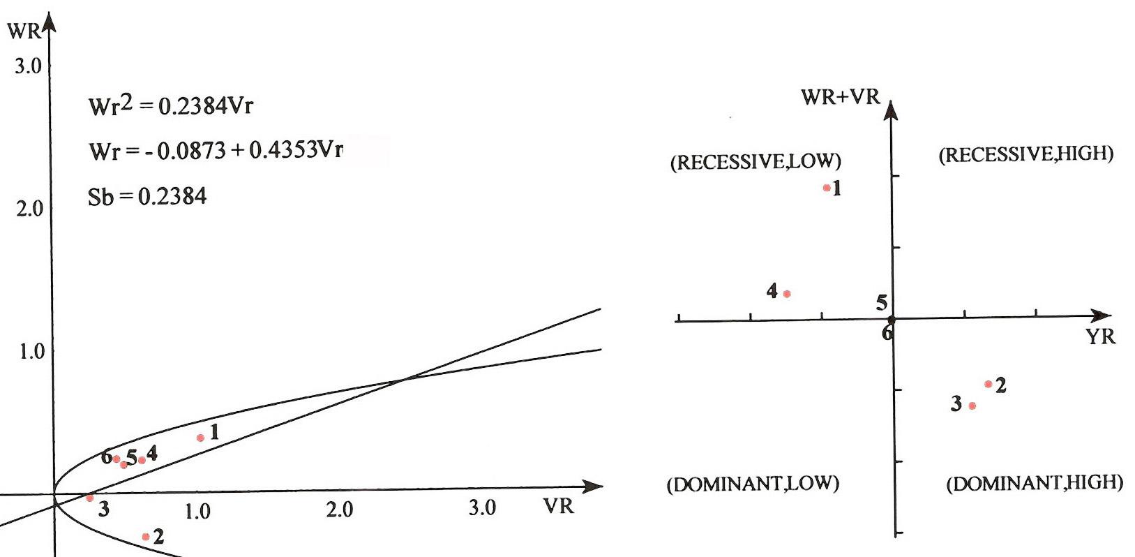 Variance(Vr), covariance(Wr) and standardized deviation graph for width of leaf base (1: Cheongchima, 2: Nokchima, 3: Yulpung, 4: Jaba, 5: Kangpung, 6: Clarement).