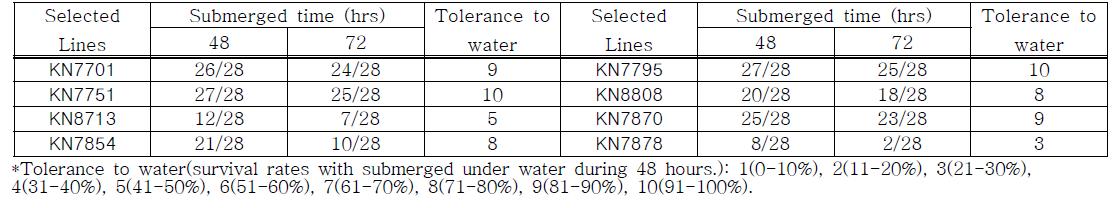 The results of selected lines for tolerance to water with submerged under water in 2009.