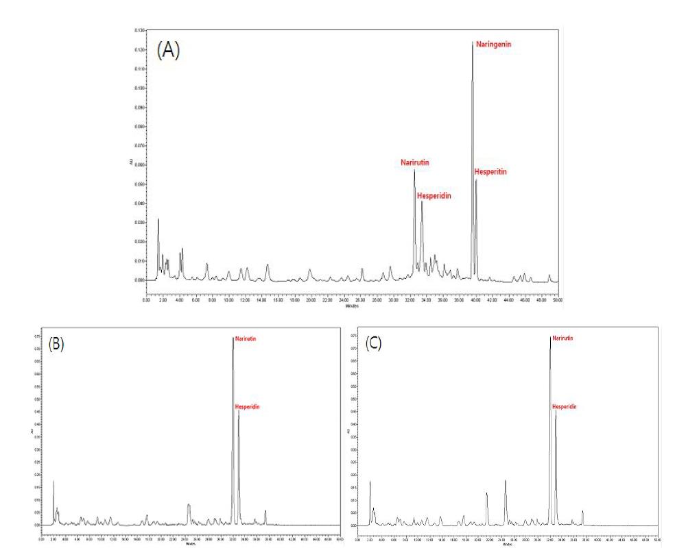 자가제조 감귤와인과 시판감귤와인의 flavonoidchromatogram