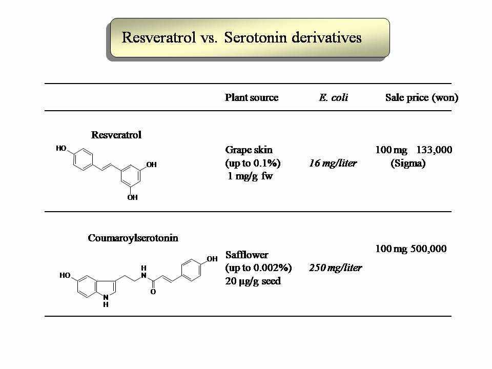 시판중인 resveratrol 가격과 세로토닌유도체 추정 가격