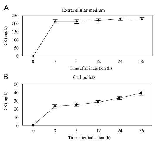 Production of 4-coumaroylserotonin (CS) in the recombinant Escherichia coli.