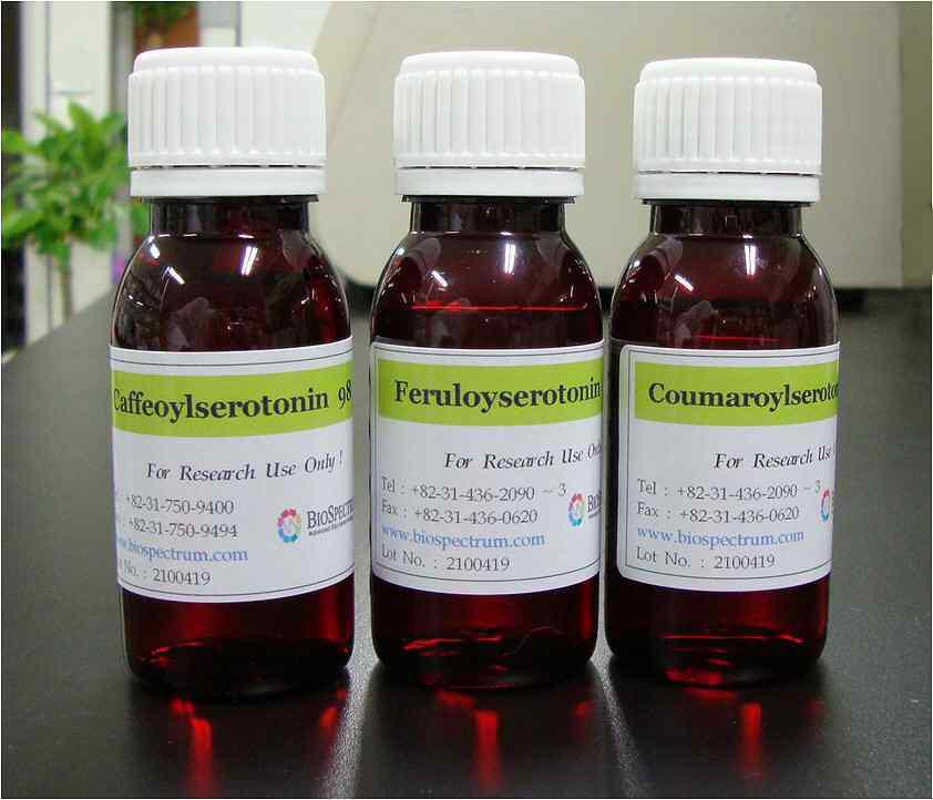 Photograph of samples: Caffeoylserotonin, feruloylserotonin, coumaroylserotonin