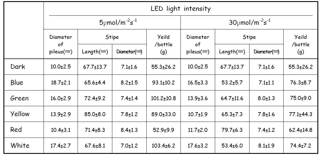 Effect of LED light illumination after formation of fruit body primordium on the morphology and yields of fruit body of H. marmoreus