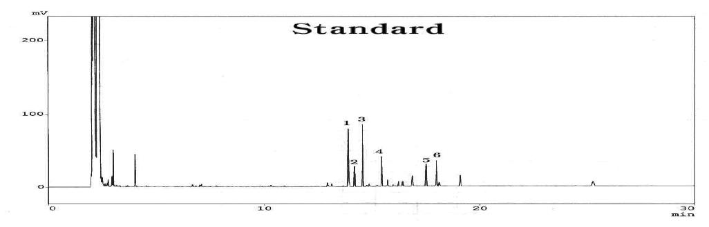 가시오갈피에서 phenol 성 화합물의 GC분석의 일례. 1, Vanillic acid; 2, Azelaic acid; 3, Protocatechuic acid; 4, Syringic acid; 5, Ferulic acid; 6, Caffeic acid