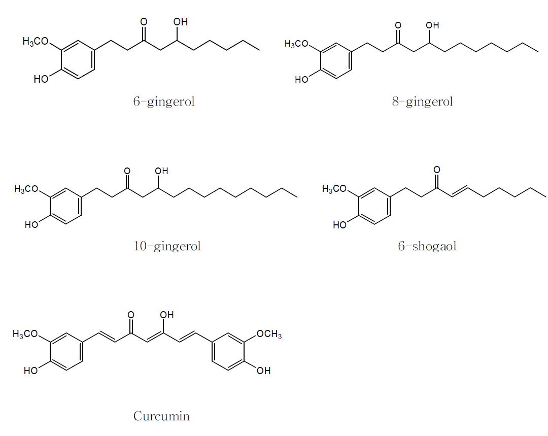 생강 활성성분인 6-gingerol, 8-gingerol, 10-gingerol, 6-shogaol, curcumin의 구조