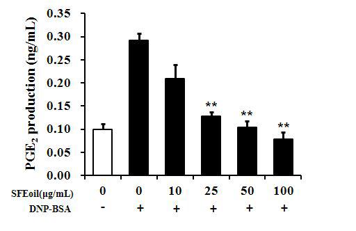 Effects of SFE oilfrom ginger on IgE with DNP-BSA-induced PGE2 production in RBL-2H3 cells.The RBL-2H3 cells (1×106 cells/well) were incubated overnightin 6-wellplatewith 450ng/mL DNP-specificIgE in medium.Thecellswere pretreatedwith variousconcentration ofSFE oilfrom gingerandthen stimulatedwith 10 μg/mL DNP-BSA for10min.Thelevelofcytokineofin thesupernatantwasmeasured by using ELISA kitassay.The value represents the mean ± SD ofthree independent experiments.*Valuesaresignificantlydifferentfrom control(**p<0.01).