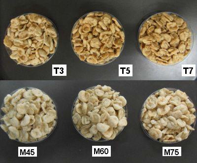 Appearance of brown rice flakes prepared with different cooking conditions