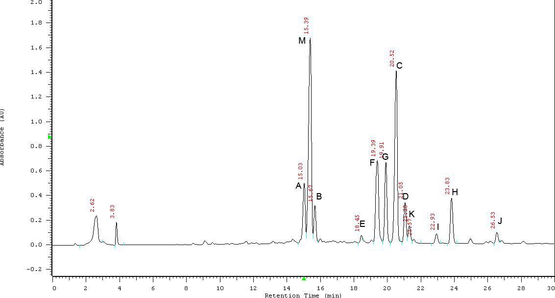 분리된 화합물의 ODS-HPLC 분석 프로파일