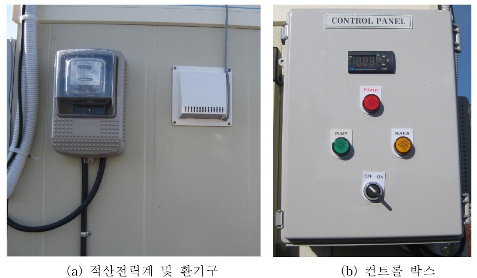 건조장치 외부 벽면에 설치된 적산전력계, 환기구 및 컨트롤박스.