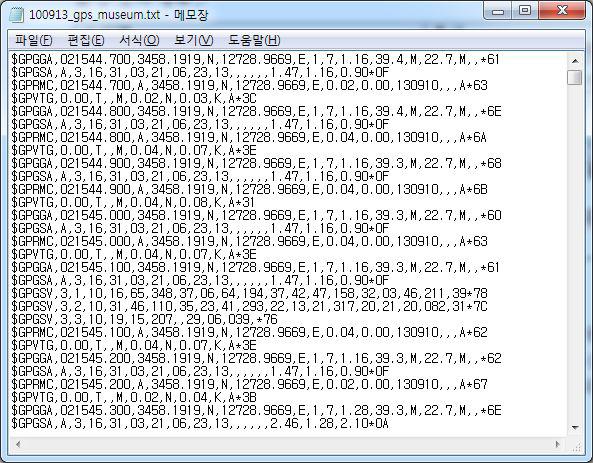 GPS 수신 데이터의 예