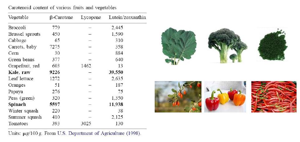 채소 내 카로티노이드 함량(왼쪽)및 루테인(위),제아잔틴(아래)이 풍부한 식물